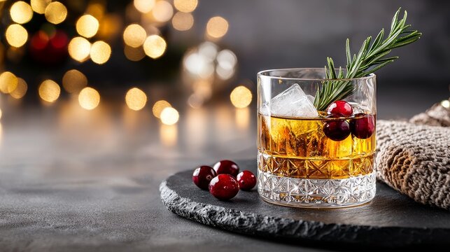 A holiday table centerpiece featuring a festive bourbon cocktail with rosemary and cranberries, accompanied by cozy knitted napkins