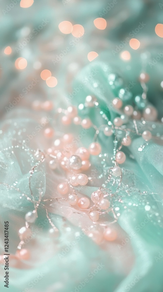 Poster Soft pastel gradient of mint green and peach with gentle bokeh lights creating a tranquil atmosphere for relaxation and inspiration