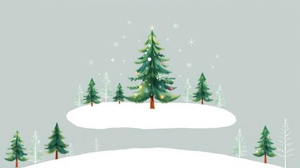 Fototapeta premium Christmas woodland scene with snowflakes, fir trees, and cute forest animals in a watercolor nursery composition for baby shower design, kids print, and wall art, fir tree, nursery, illustration