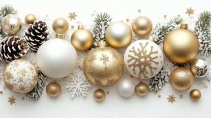Fototapeta premium Elegant Gold and White Christmas Ornaments with Pine Cones and Snowflakes on White Background