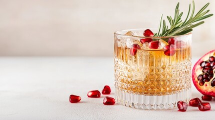 a Moscow Mule cocktail, festive garnishes like pomegranate seeds and rosemary sprig, artisanal touch, isolated on white background