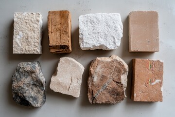 An artistic display of natural stones and wood pieces, emphasizing the beauty of earth's materials, ideal for showcasing creativity and sustainable practices in design.