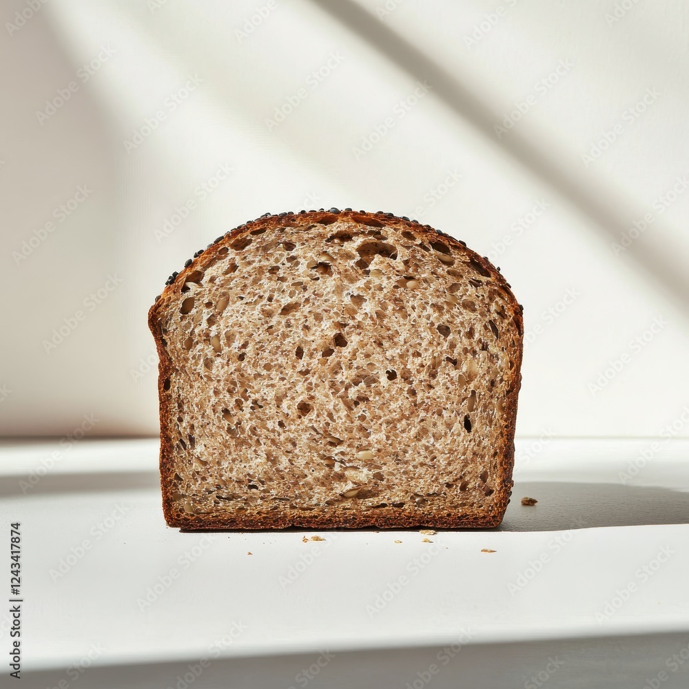 Aufkleber Slice of rye bread with rough texture and seeds displayed on white surface against clean background