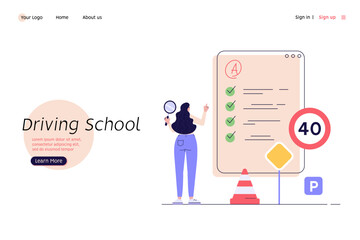 Woman learning to drive a car on driver course. Auto school test. Concept of driving school, driver’s license, driving exam or practice. Vector illustration in flat design for web banner, mobile app