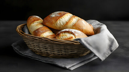 A basket of freshly baked bread rolls, golden brown and soft on the inside, placed on a linen napkin.