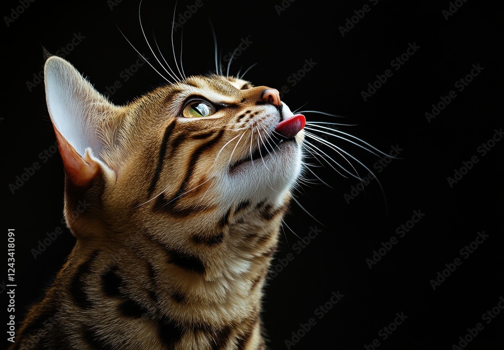Poster close-up of a playful bengal cat expressing curiosity against a dark background with highlighted fea