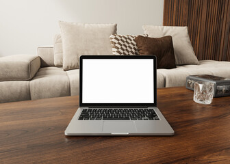laptop copy space mock up with blank screen on living room, wood styled interior design aesthetic for blog, web, social media template