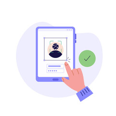 People standing with a phone, identifie a face. Concept of facial recognition, face ID system, biometric identification. Vector Illustration in flat design for mobile app