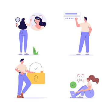 People standing with a phone, identifie a face. Set of facial recognition, face ID system, biometric identification. Vector Illustration collection for mobile app