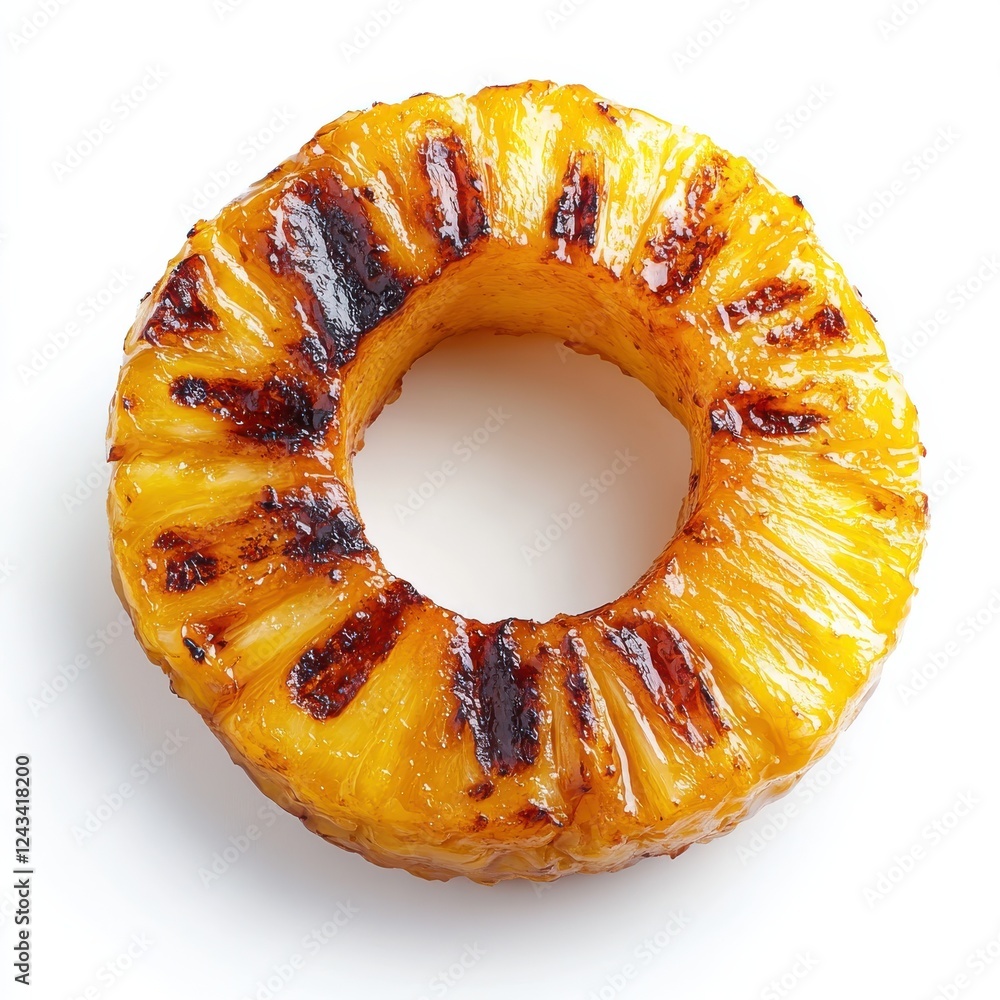 Poster grilled pineapple ring showcasing charred marks and golden color on a clean white background