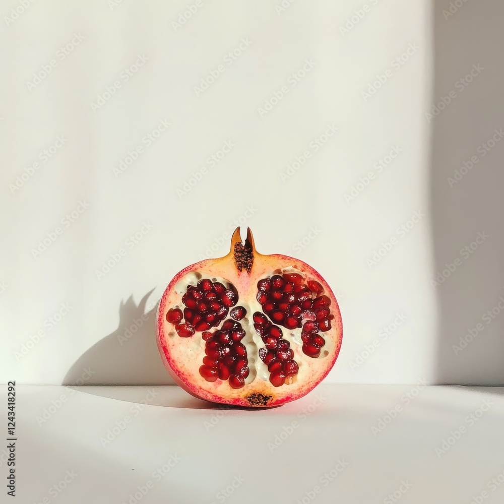 Poster fresh pomegranate cut in half revealing bright ruby-red seeds against a clean white backdrop
