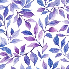 Fototapeta premium Seamless watercolor pattern of purple and blue leaves on white background.
