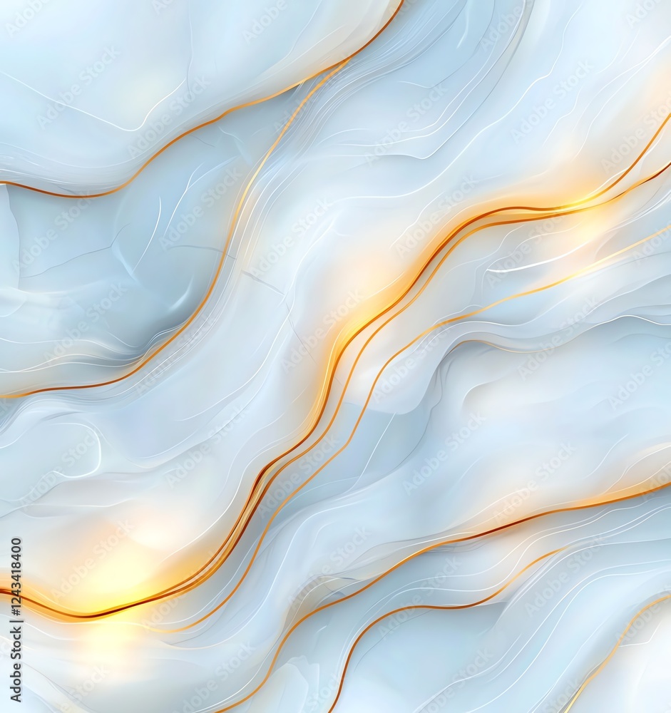 Poster a fluid abstract background featuring soft waves in blue and white with hints of golden lines. ideal