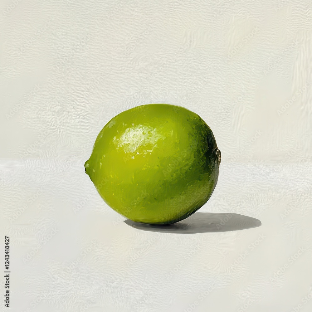 Poster fresh green lime lying on a clean white surface, showcasing its shiny texture and vibrant color