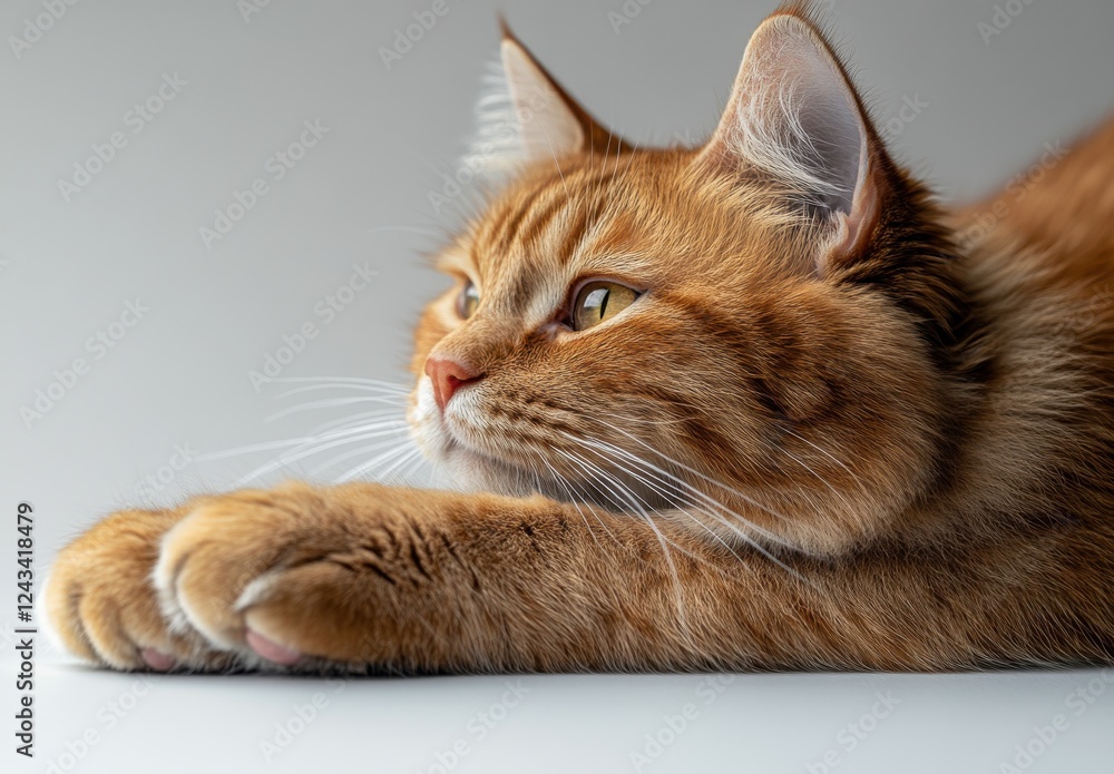 Poster close-up of a relaxed ginger cat lying on a light surface with a calm expression and fluffy fur high