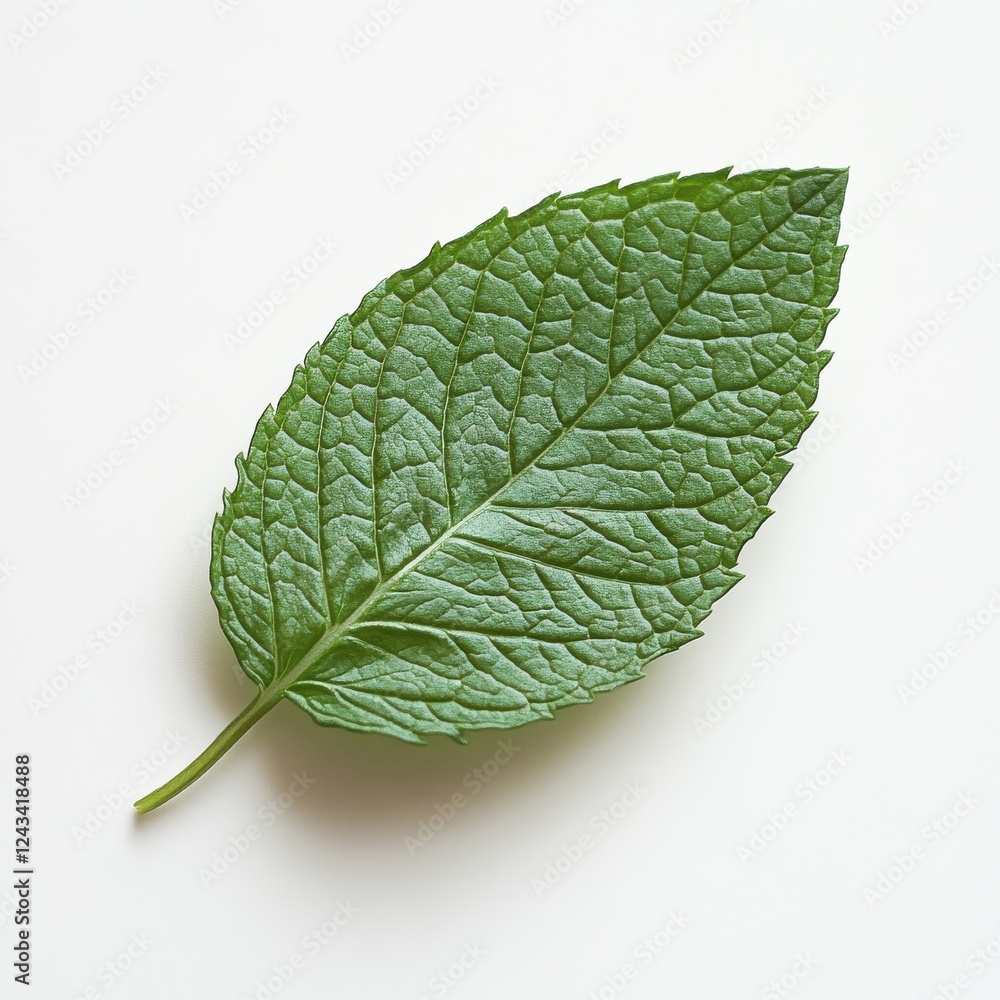 Poster fresh mint leaf displaying vibrant green color and distinct veins on a clean white surface
