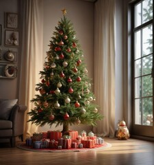 Tall Christmas tree with a variety of ornaments and lights, holiday decor, ribbons, bows