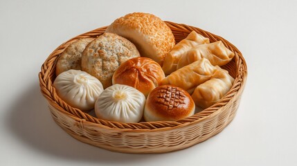 Assorted baked goods in wicker basket, studio shot, white background, food photography