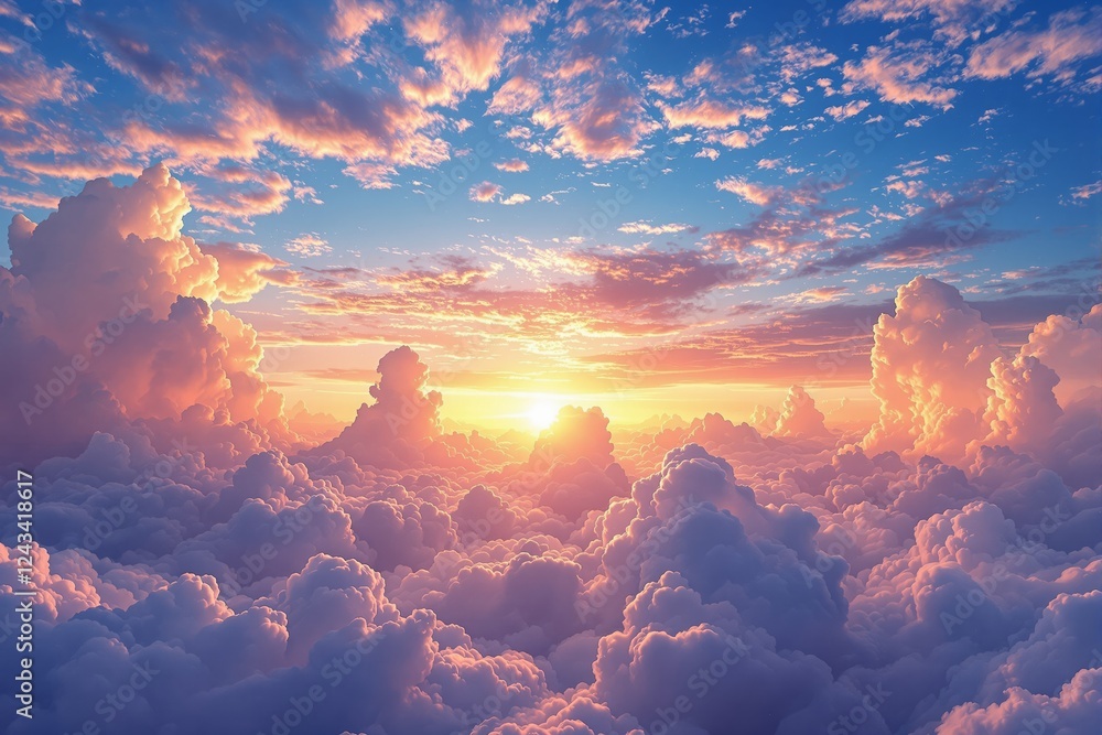 Poster stunning cloudscape with soft, fluffy clouds illuminated by a glowing sunset in a dreamy atmosphere.