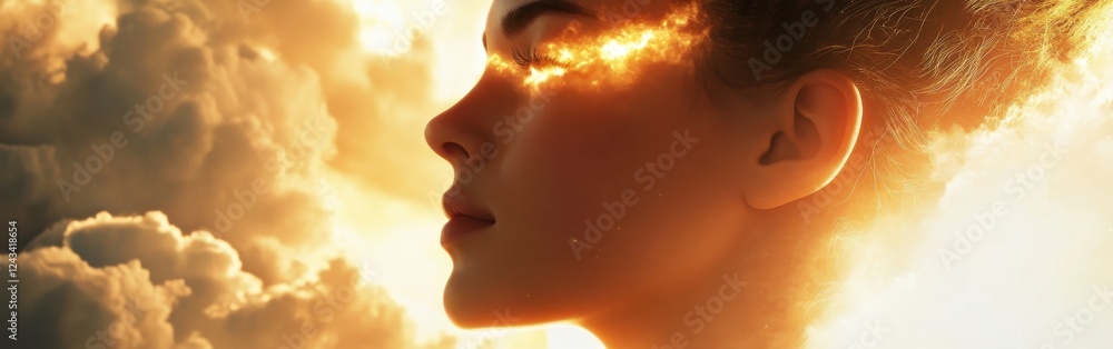 Poster portrait of a woman's serene expression illuminated by golden sunlight and radiant clouds against a 