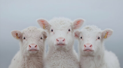 Fototapeta premium Three white calves, foggy field, farm animals, nature, livestock