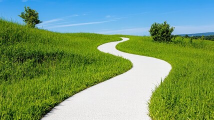 Obraz premium Serene Winding Path Through Lush Green Field under a Clear Blue Sky, Evoking Tranquility and a Sense of Journey