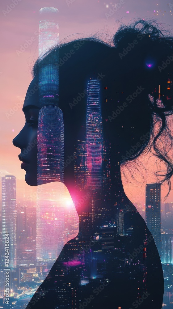 Poster portrait of a woman merging with futuristic urban architecture at twilight