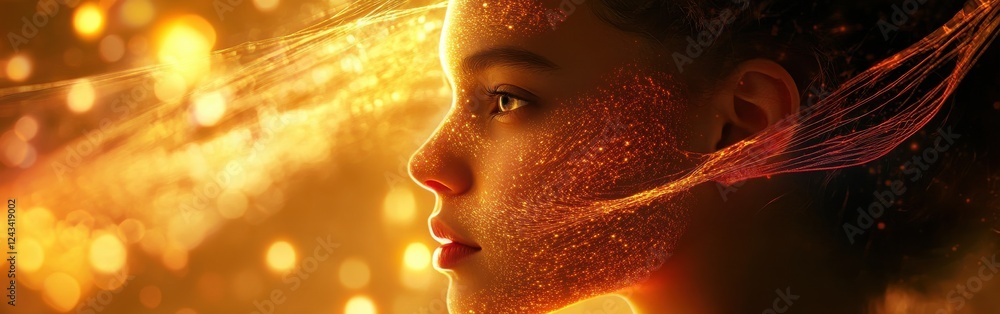 Leinwandbilder serene woman's face merges with glowing data streams and radiant fiber-optic threads on her skin in 