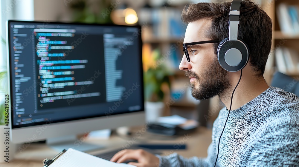 Poster a focused young man wearing headphones works on programming code in a modern office environment, sho