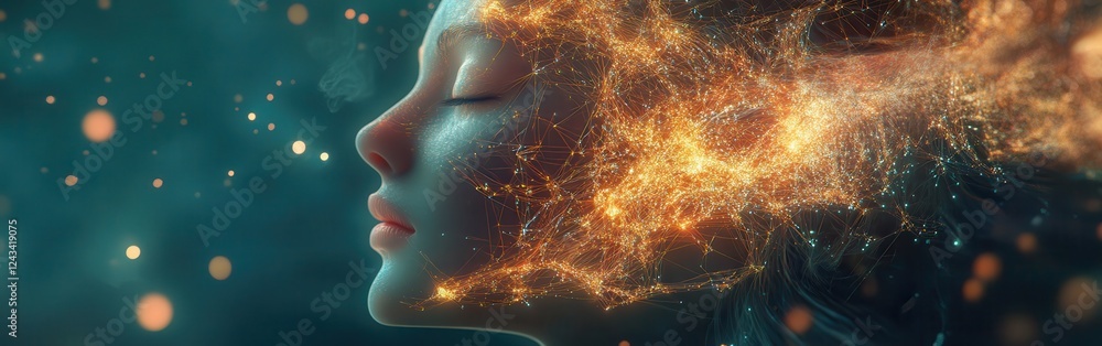 Poster merging human connection with radiant abstraction in a serene portrayal of digital unity