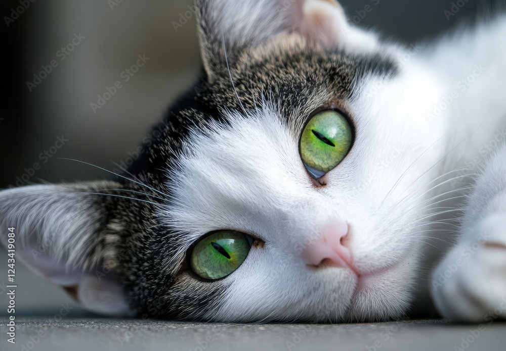 Poster Close-Up Portrait of a Relaxed Cat with Striking Green Eyes Displaying Unique Features and Soft Fur, Captured in Natural Lighting Setting