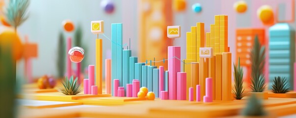 Obraz premium A vibrant, colorful 3D landscape featuring tall, geometric structures and playful elements, creating a whimsical, abstract cityscape.