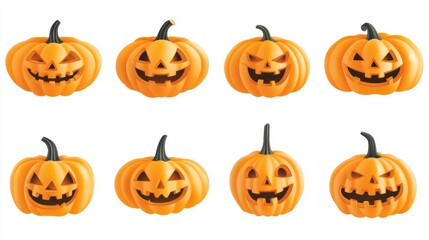Eight Orange Carved Pumpkins on White Background Halloween Jackolanterns