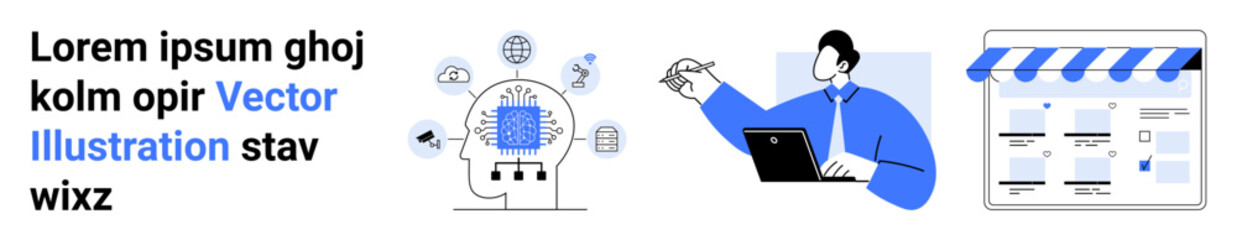 Human diagram with AI and chip, person working on laptop, and online storefront. Ideal for technology, AI, digital marketing, e-commerce, online education tutorials idea generation. Landing page