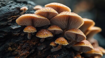 Cluster of Mushrooms on Dark Wood