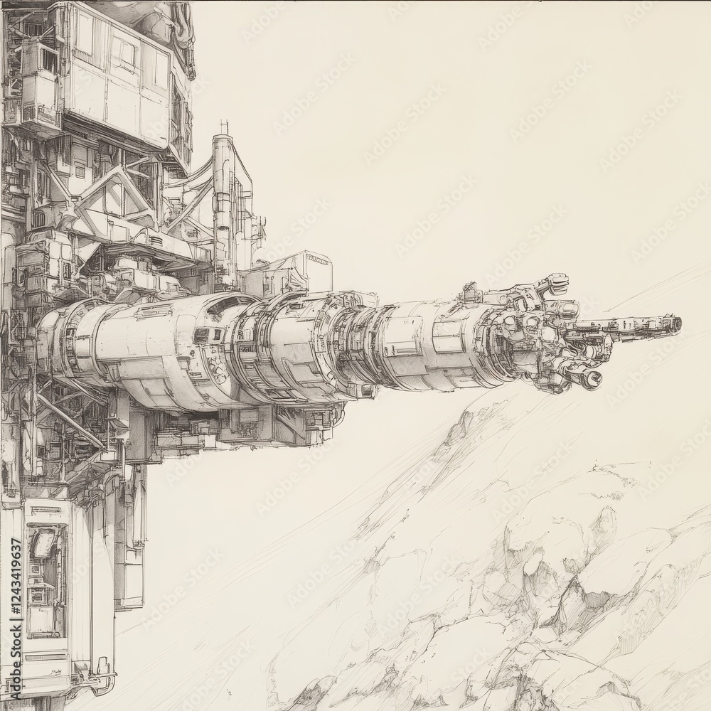 Poster robotic arm reaches into space from an advanced space station, showcasing intricate mechanical desig