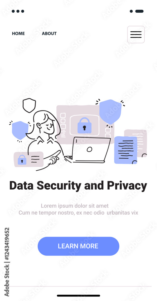 Poster data security and privacy concept with person using laptop surrounded by locks and shields in minima