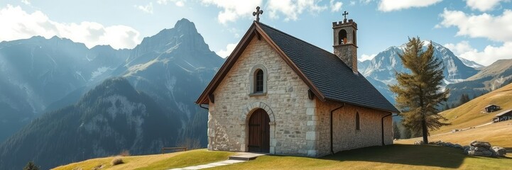 The chapel's steeply pitched roof and narrow doorway evoke a sense of medieval mystery in the Dolomite mountains, narrow doorways, stone walls