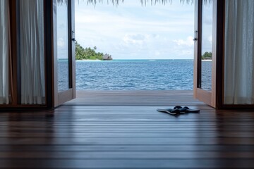 An open door reveals a breathtaking view of the ocean, showcasing the calm beauty of water and sky, inviting relaxation and contemplation in a luxurious setting.