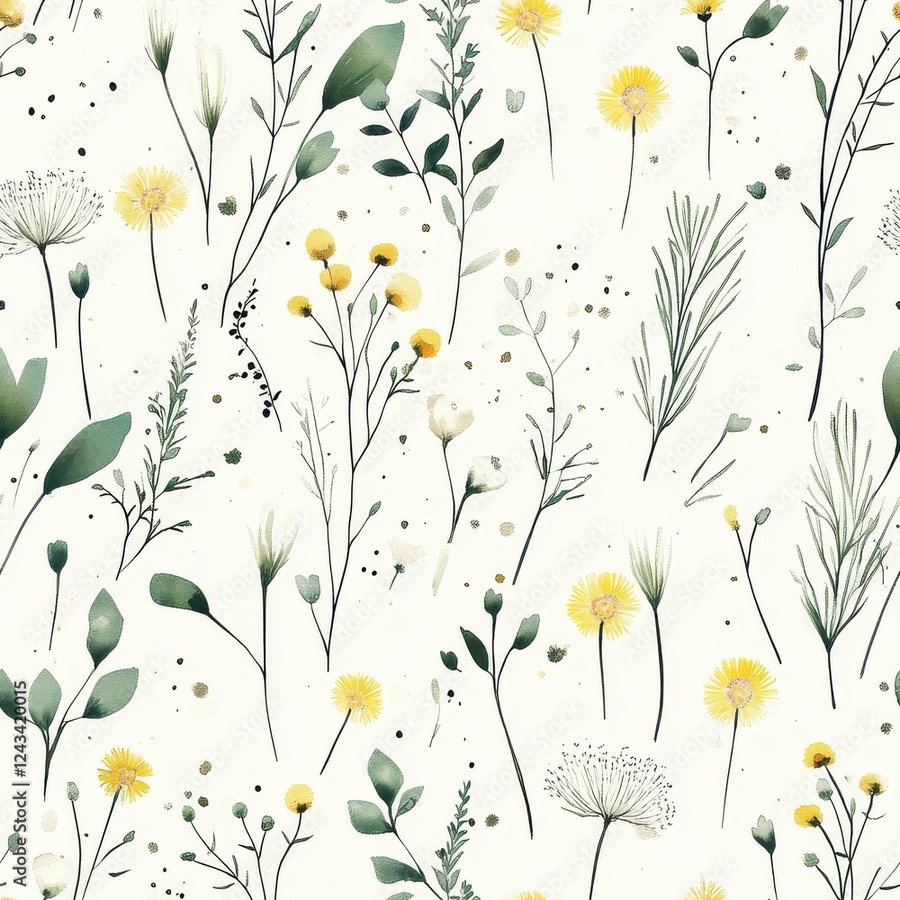 Poster radiant watercolor doodle pattern featuring meadow grasses and delicate dandelions creating a breezy