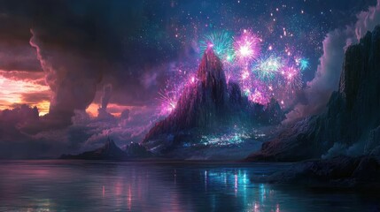 Obraz premium Radiant fireworks illuminate oceanside cliffs as colors reflect beautifully in the calm waters below at dusk