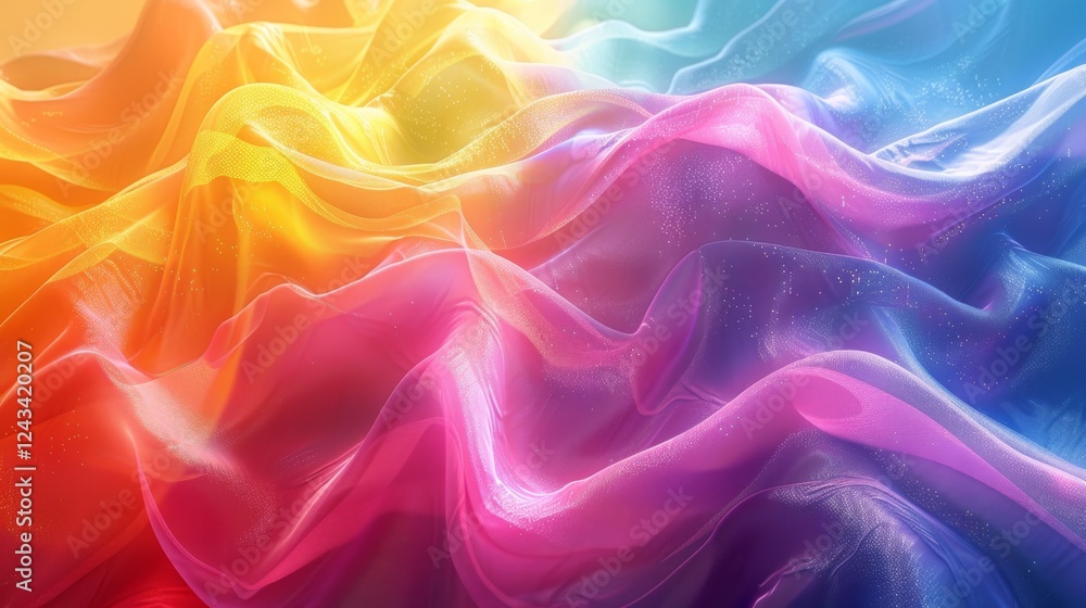 Poster swirling iridescent gradient fabric creating a mesmerizing abstract background with soft waves of co