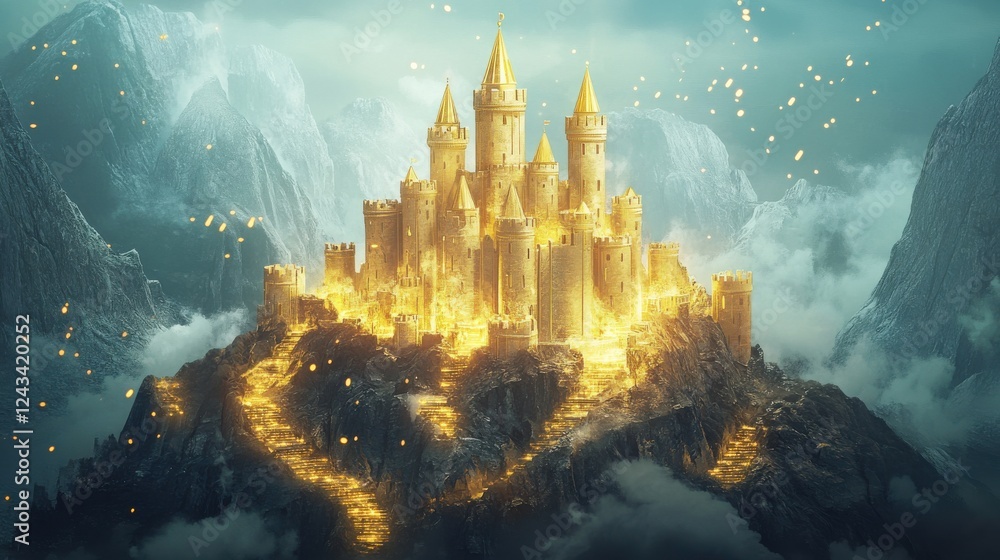Poster visual representation of long-term financial stability using fortress imagery and upward growth tren