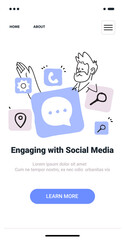 Engaging with social media concept featuring doodle-style icons and a character interacting with various app symbols on a mobile app screen