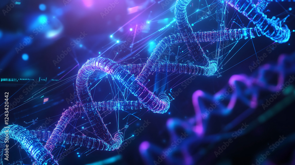 Poster futuristic glowing dna helix with vibrant neon colors and digital molecular structure featuring abst
