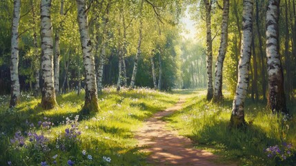 Fototapeta premium Experience the tranquility of a vibrant spring woodland with blooming flowers and gentle sunlight filtering through tall trees