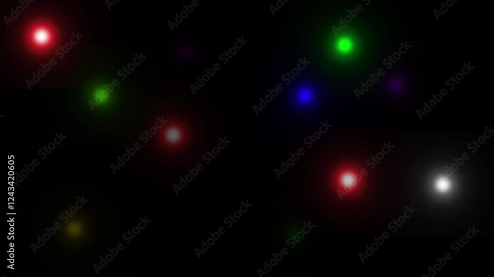 Poster multi-colored lights float in black space moving they go out and flare up in another place motion na