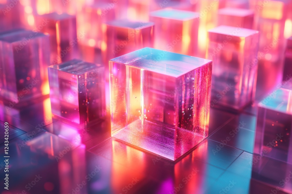 Poster a vibrant, glowing arrangement of translucent cubes illuminated with colorful lights, creating an et