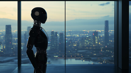 高層ビルの窓から街を見下ろすスーツ姿のロボットのシルエット