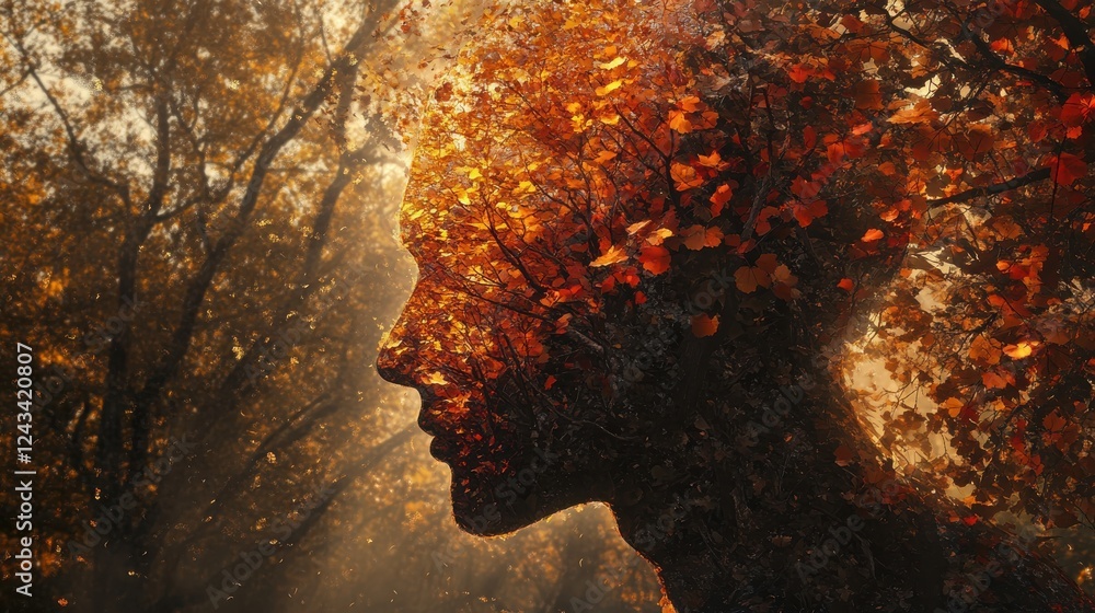 Poster mystical profile of a man merging into a vibrant autumn forest adorned with glowing orange and red f
